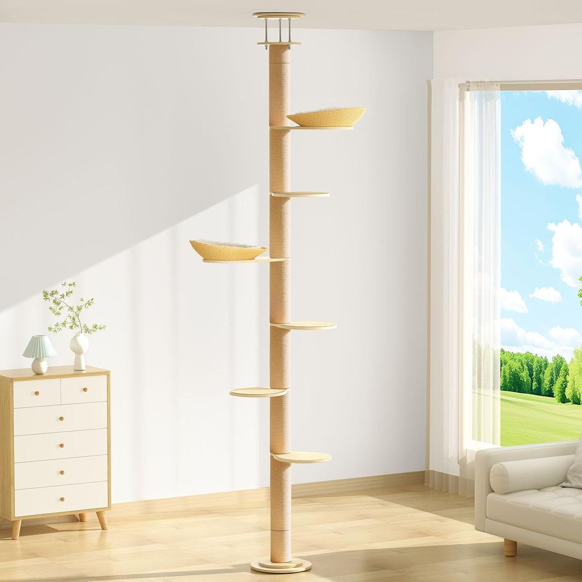Seven-level solid wood floor-to-ceiling cat tree with sisal posts and bed