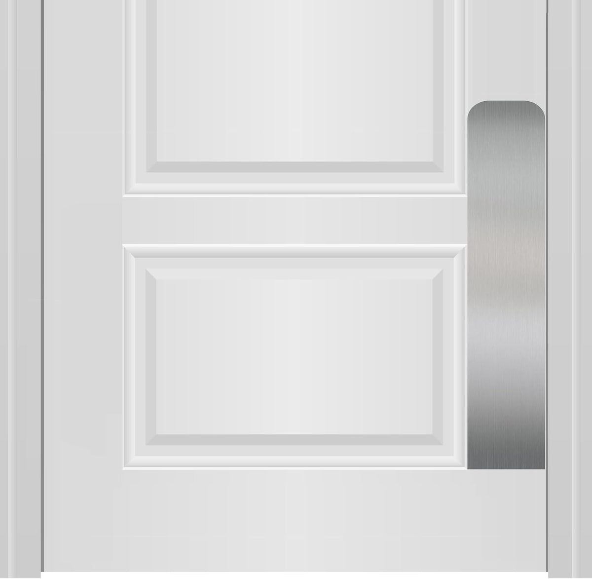 Satin nickel aluminum scratch protector plate on a door