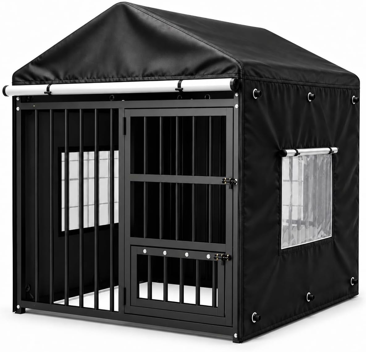 Covered steel bar outdoor dog kennel with PVC windows and swivel feeder