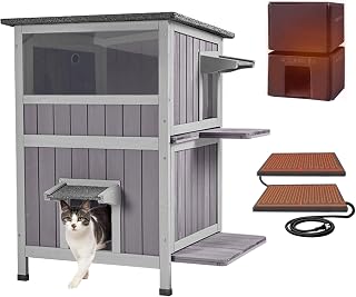 Aivituvin Outdoor Heated Cat House, Two-Story Wooden Feral Cat Shelter with Escape Doors, Weatherproof for Winter