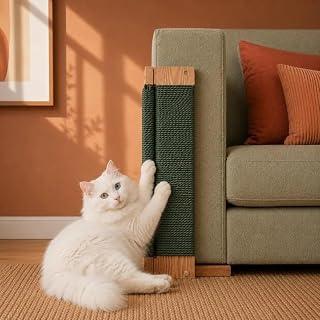 Modern Cat Scratching Post, Green Sisal Rope with Natural Wood Base, Floor-Standing