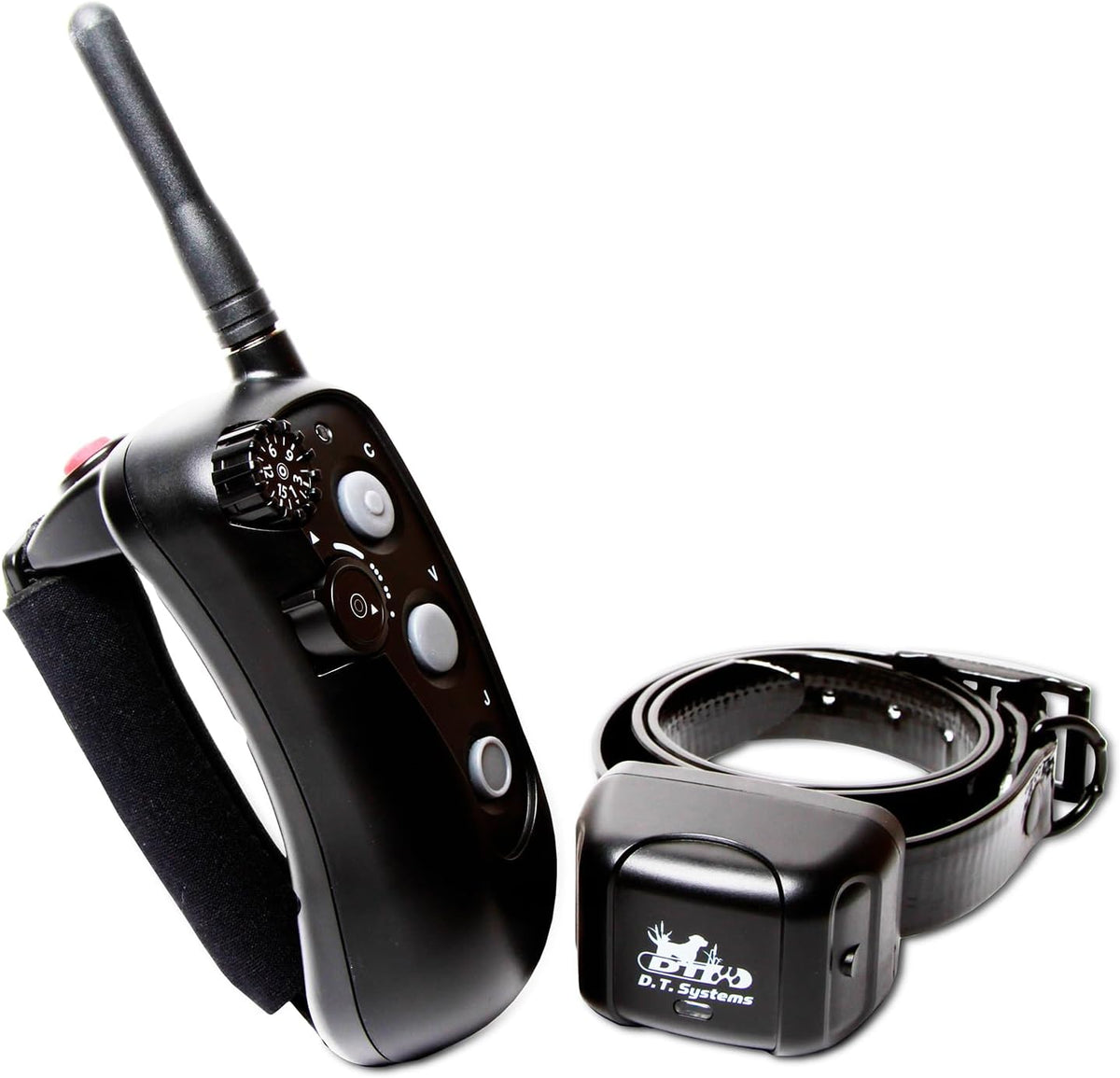Black remote dog training collar and handheld transmitter