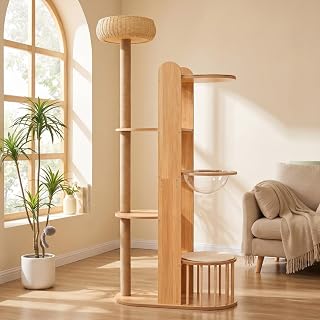 Multi-Level Wood Cat Tree Tower, 70.8 Inches, with Sisal Post, Capsule, Woven Top Bed and Fenced House, W3101P553723