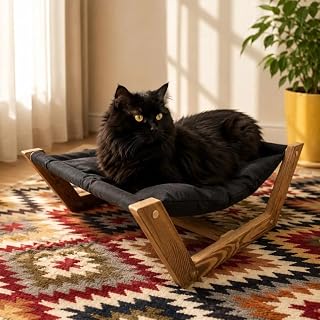 Elevated Wooden Cat Bed with Soft Cushion, Modern Hammock, Washable Fabric