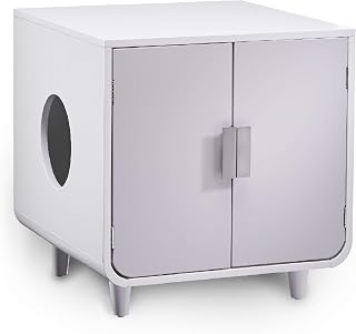 Staart Dyad Cat Litter Box Enclosure, Hidden Cat Home Side Table and Nightstand, Alpine White