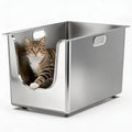 Stainless steel litter box with high sides, low entry and wheels