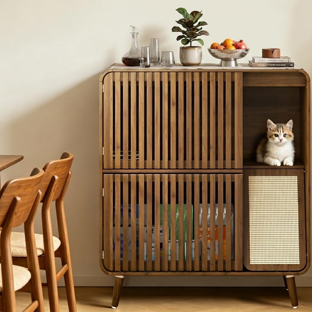 Walnut dog-proof cat feeding station with raised stainless steel bowls