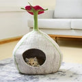 Floral Design Wool Felt Cat Bed, Handmade Cave House