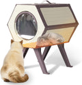 Off-white hexagonal heated outdoor cat shelter with wood-grain finish – view 4