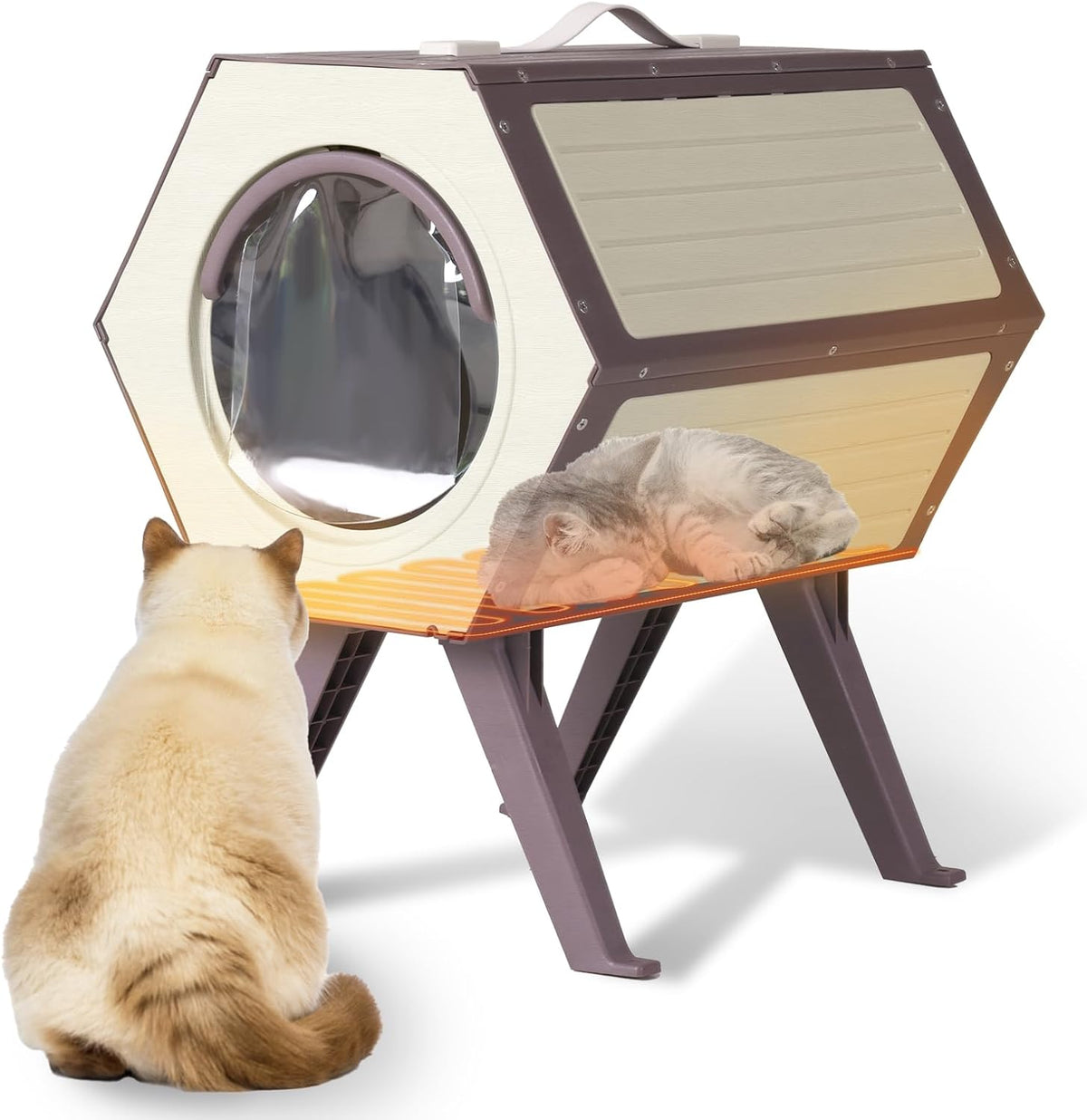 Off-white hexagonal heated outdoor cat shelter with wood-grain finish – view 4