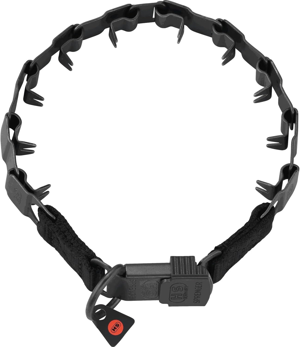 Black stainless steel prong training collar for dogs with click lock
