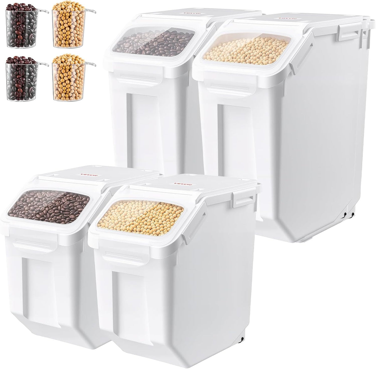 Three white airtight pet food storage bins with wheels and scoops – view 6