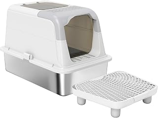 Enclosed Stainless Steel Cat Litter Box with Dual Entry, Scoop, Pedal and Deodorizer Bag, for Cats Up to 15 Lbs