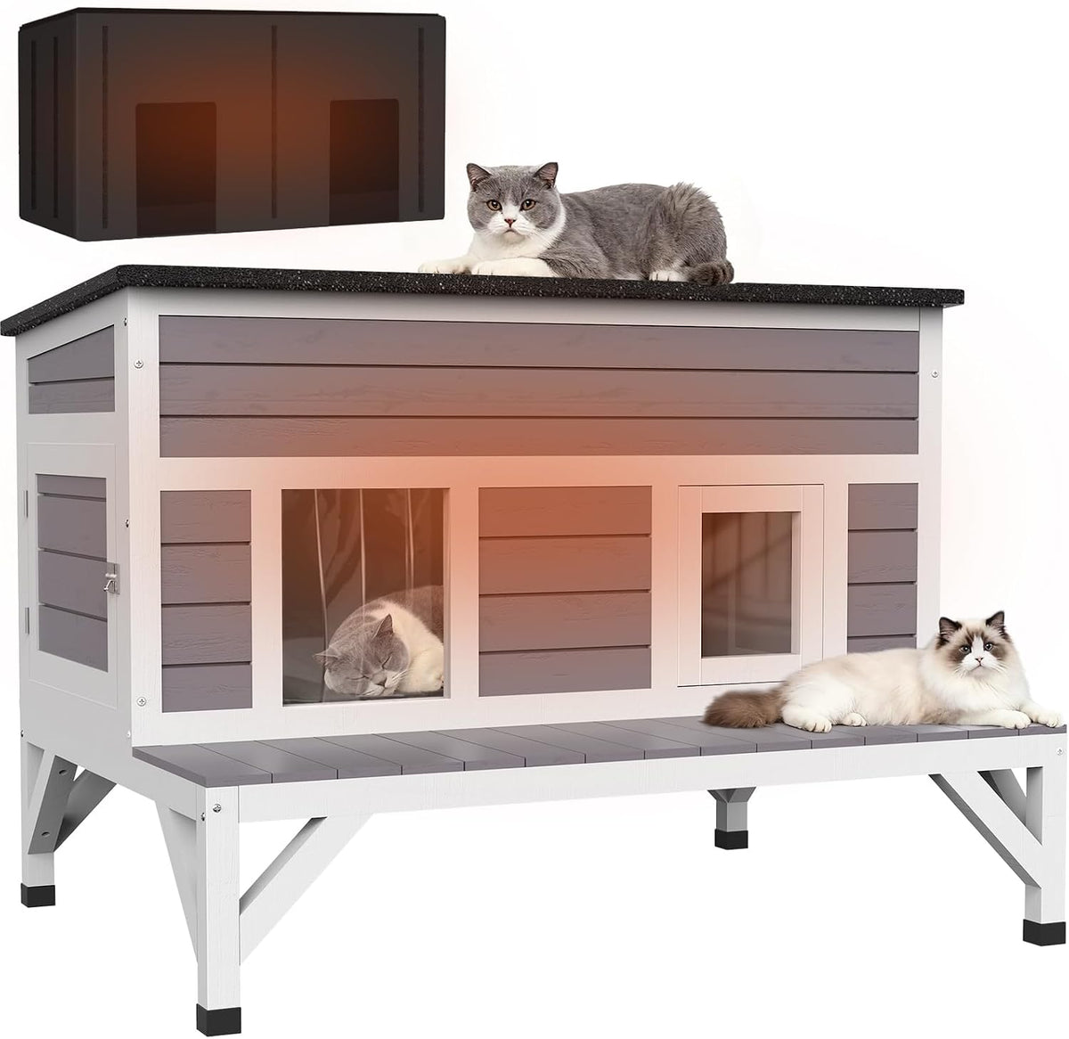 Elevated wooden outdoor cat house with insulated liner