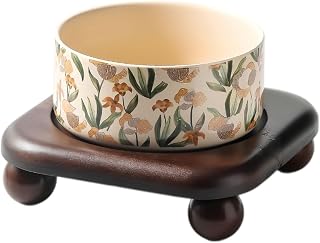 Ceramic Cat Bowl with Wooden Stand, Elevated Anti-Slip Pet Feeder, Beige