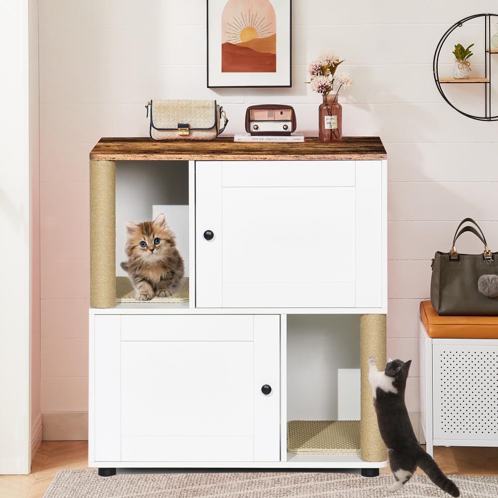 Black two-tier double litter box enclosure end table with scratching ramp – view 2