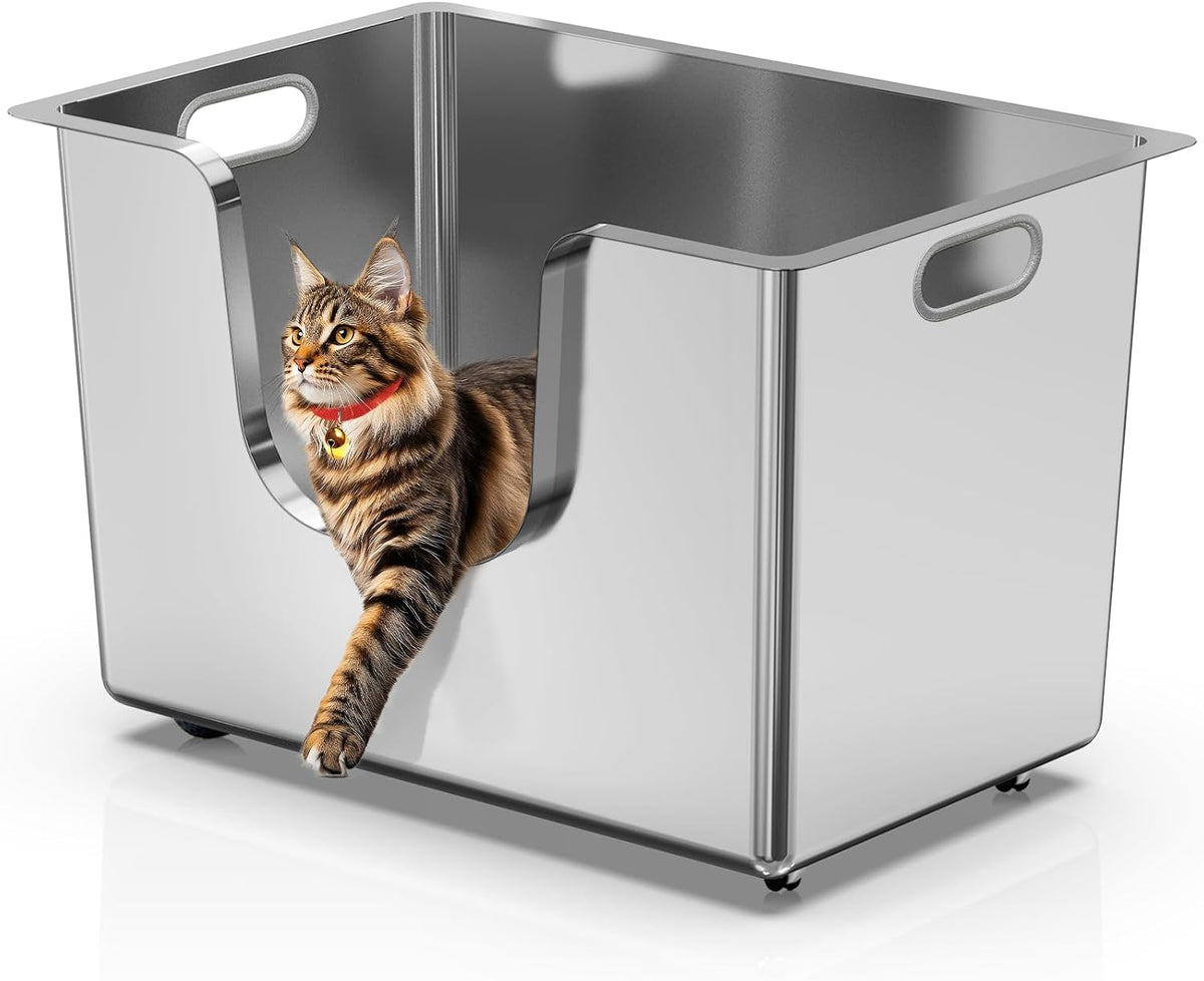 Enclosed stainless steel cat litter box with high sides and wheels