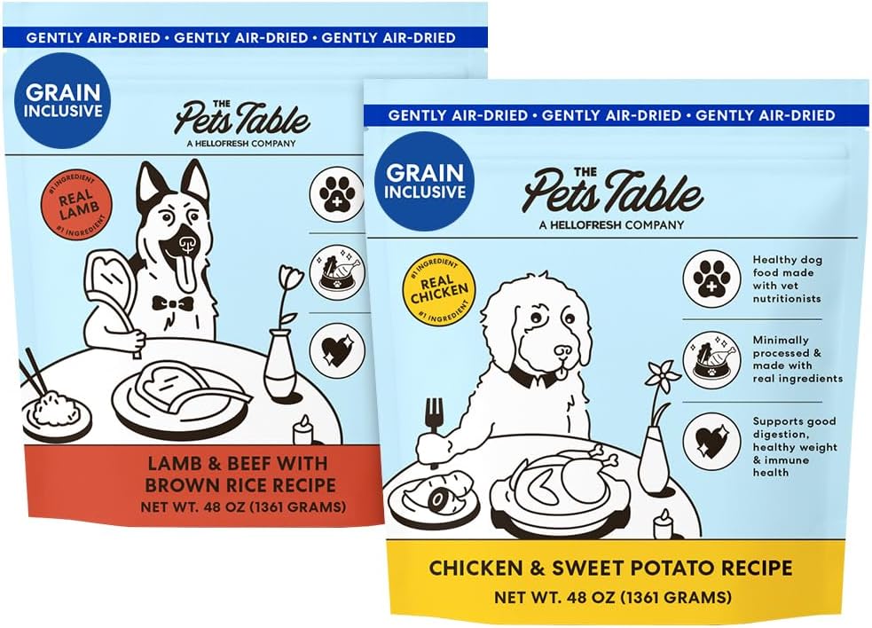 Two 48 ounce bags of air-dried dog food in chicken and lamb recipes