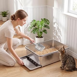 Stainless Steel Sifting Cat Litter Box for Pine Pellets and Large Cats