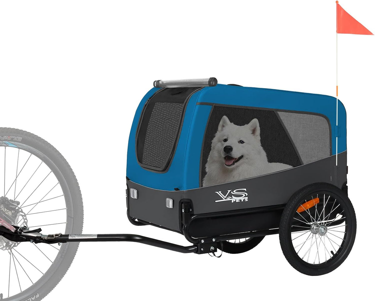 Large folding dog bike trailer with mesh front door and wide wheelbase