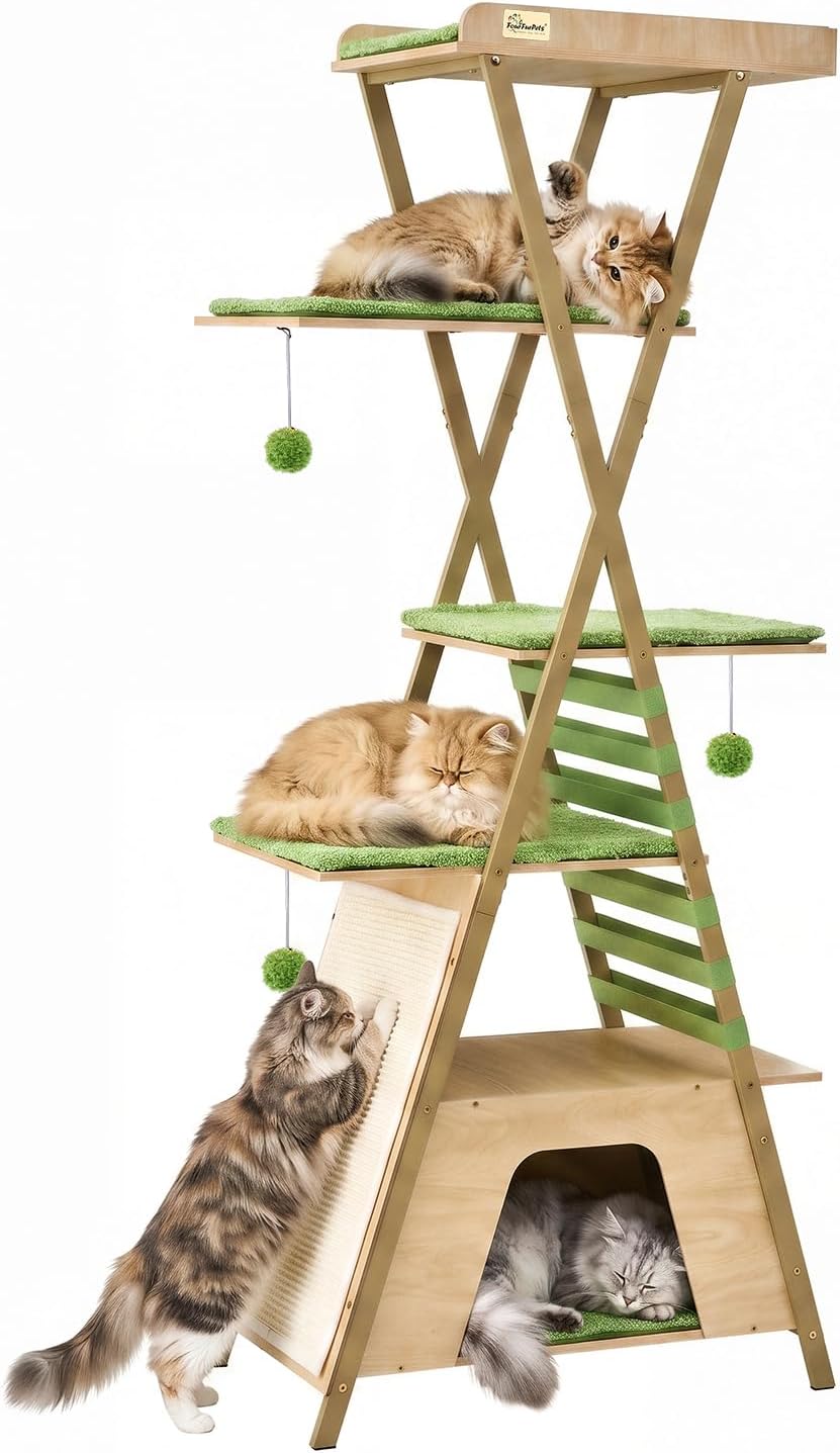 Tall wooden cat tree with condo, perch and side scratching board – view 2