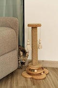 Wooden Cat Scratching Post with Turntable Toy, Sisal Rope and Hanging Tassel Balls