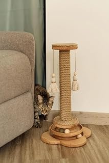 Wooden Cat Scratching Post with Turntable Toy, Sisal Rope and Hanging Tassel Balls