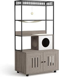 Modern Hidden Cat Litter Box Enclosure with Storage Rack, Hammock, Sisal Balls and Scratching Mat, Gray