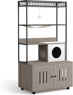 Modern Hidden Cat Litter Box Enclosure with Storage Rack, Hammock, Sisal Balls and Scratching Mat, Gray