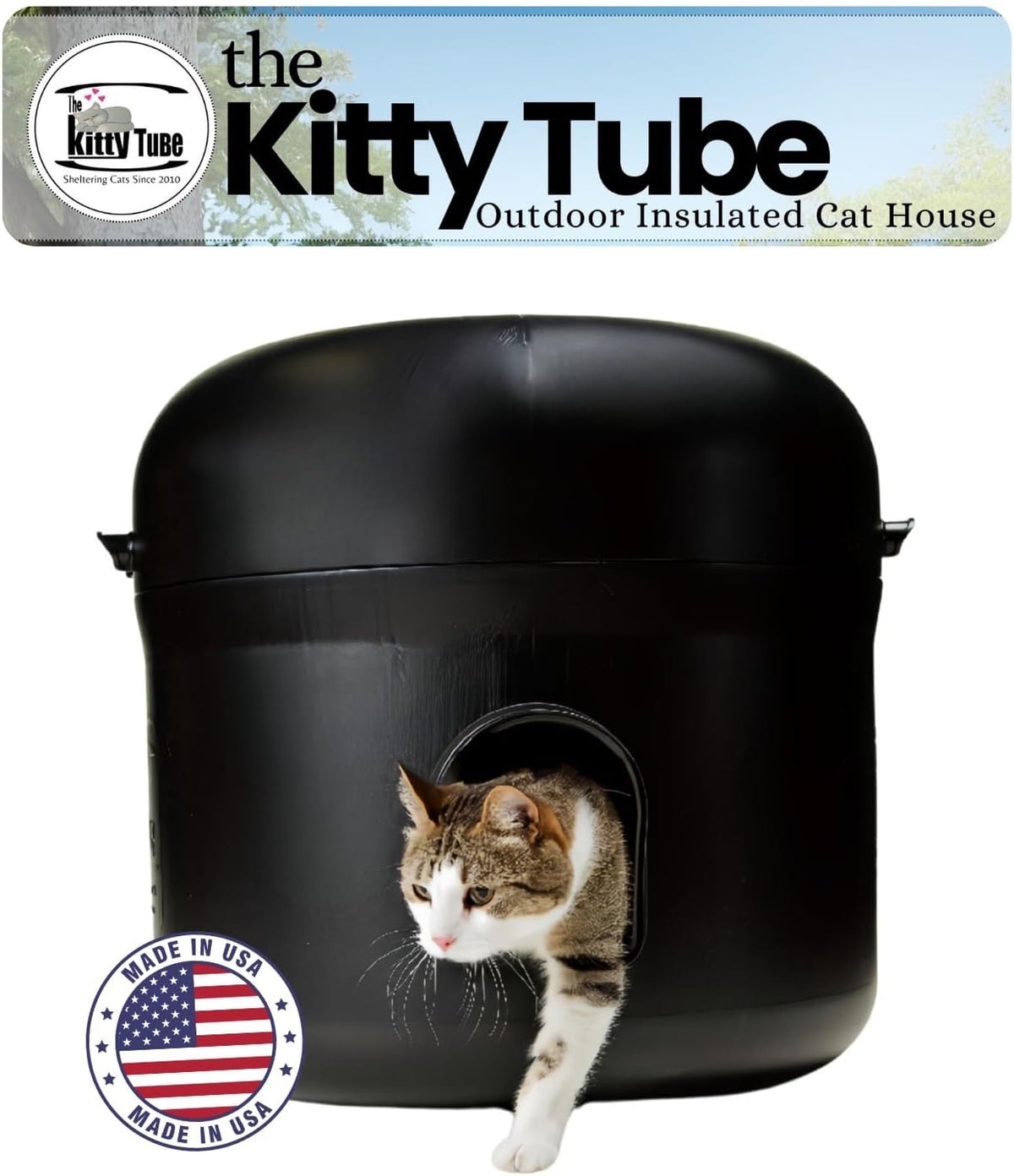 Tube-shaped insulated outdoor cat house with pillow inside