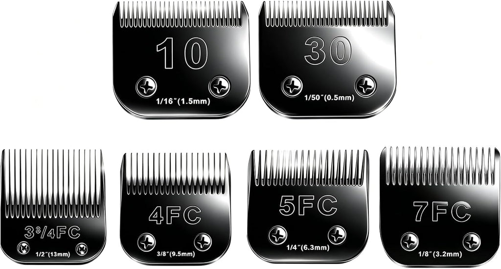 Six detachable dog clipper blades in assorted sizes