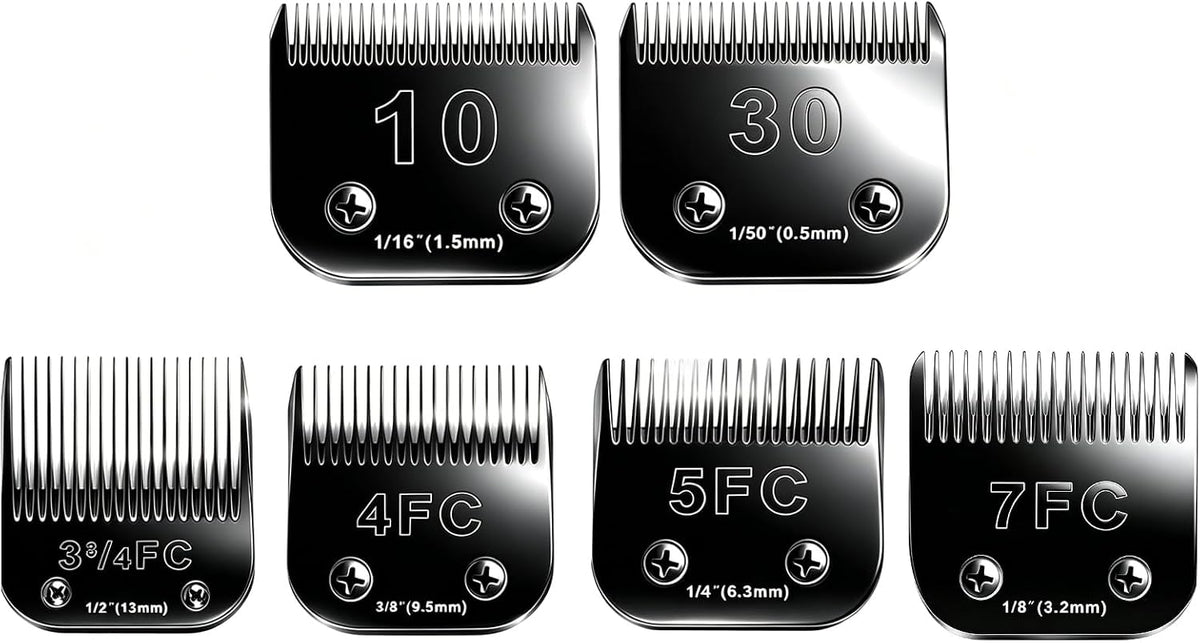 Six detachable dog clipper blades in assorted sizes