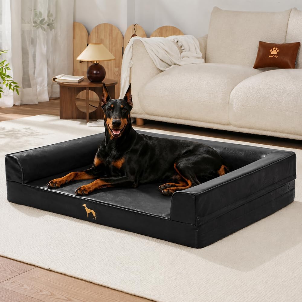 Black waterproof leather dog sofa bed with wraparound bolster
