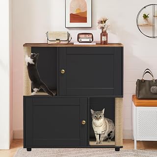 Double Cat Litter Box Enclosure for 2 Cats, Double Room with Scratch Post and Litter Mat, Black
