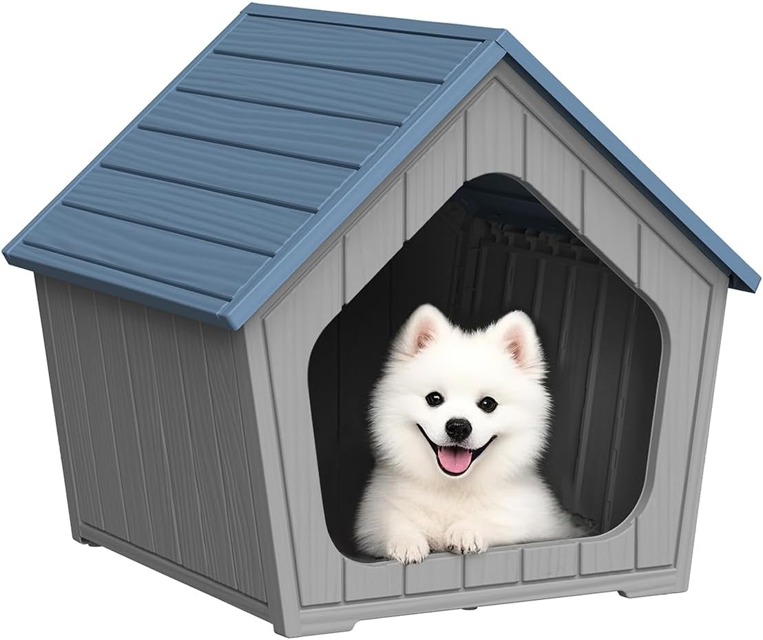 Gray resin dog house with peaked waterproof roof and raised floor – view 6