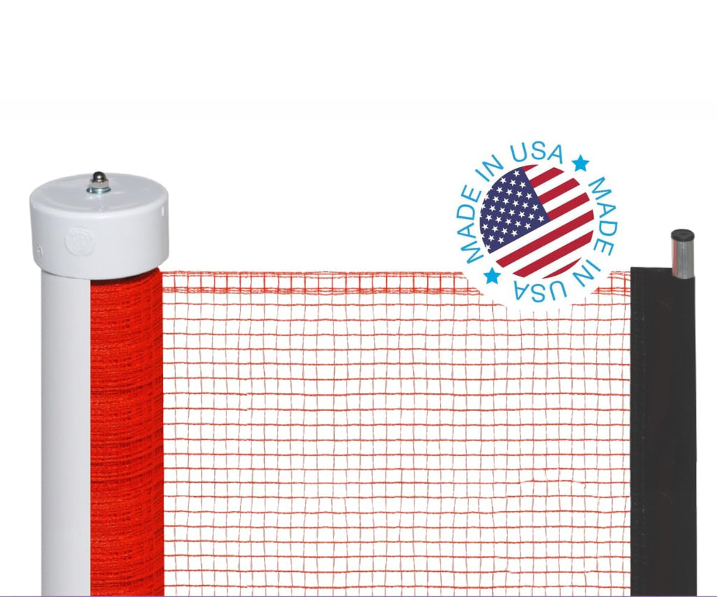 Black retractable driveway guard net stretched between two posts – view 4