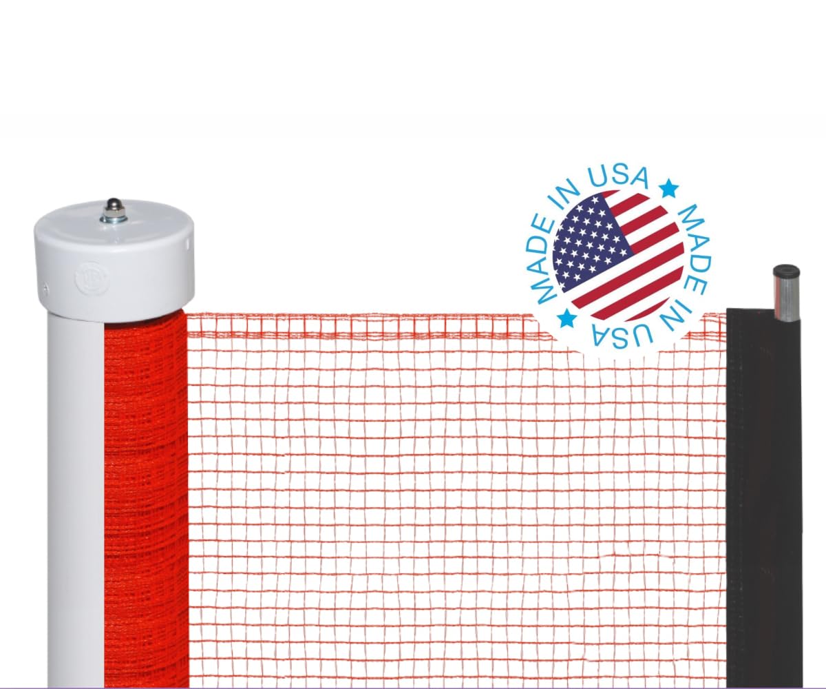Black retractable driveway guard net stretched between two posts – view 4
