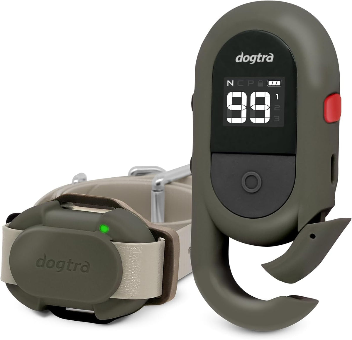 Grey remote dog training collar with handheld transmitter