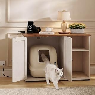 Large Litter Box Cabinet, Hidden Cat Washroom with Power Outlet, Light Oak