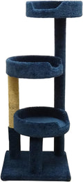 Blue carpeted solid wood cat tree with three round perches and sisal post