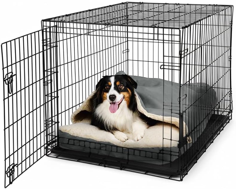 Anthracite hooded cave dog bed sized 35 by 22 inches for a crate