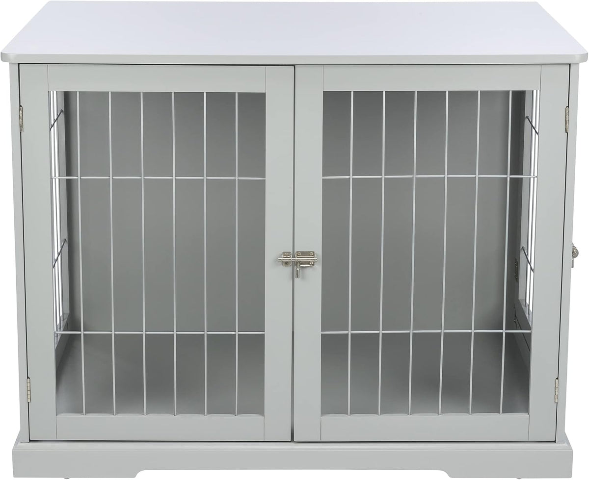 Gray wood and wire dog crate end table with front and side doors