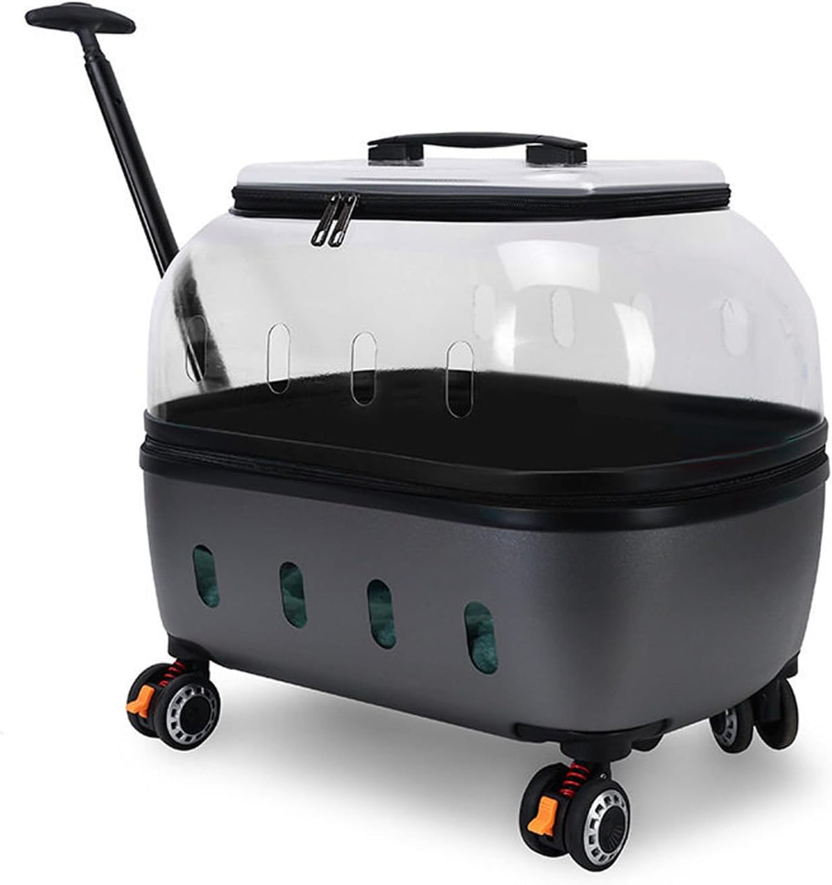 Transparent hard shell rolling pet carrier with wheels and telescoping handle – view 6