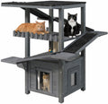 Gray four-tier wooden outdoor cat tower with ramps and enclosed shelter