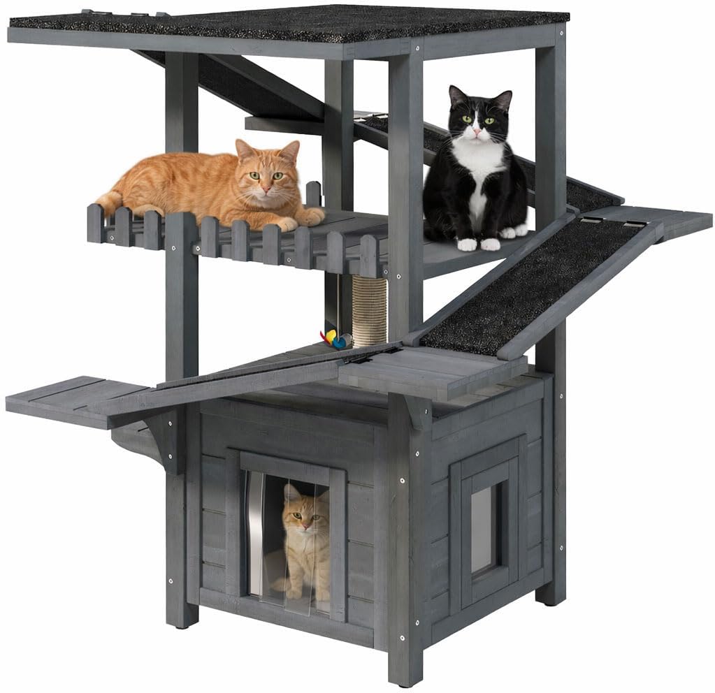 Gray four-tier wooden outdoor cat tower with ramps and enclosed shelter
