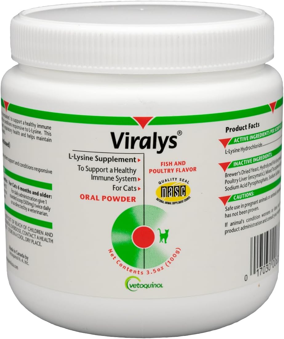 Container of flavored lysine powder supplement for cats – view 2
