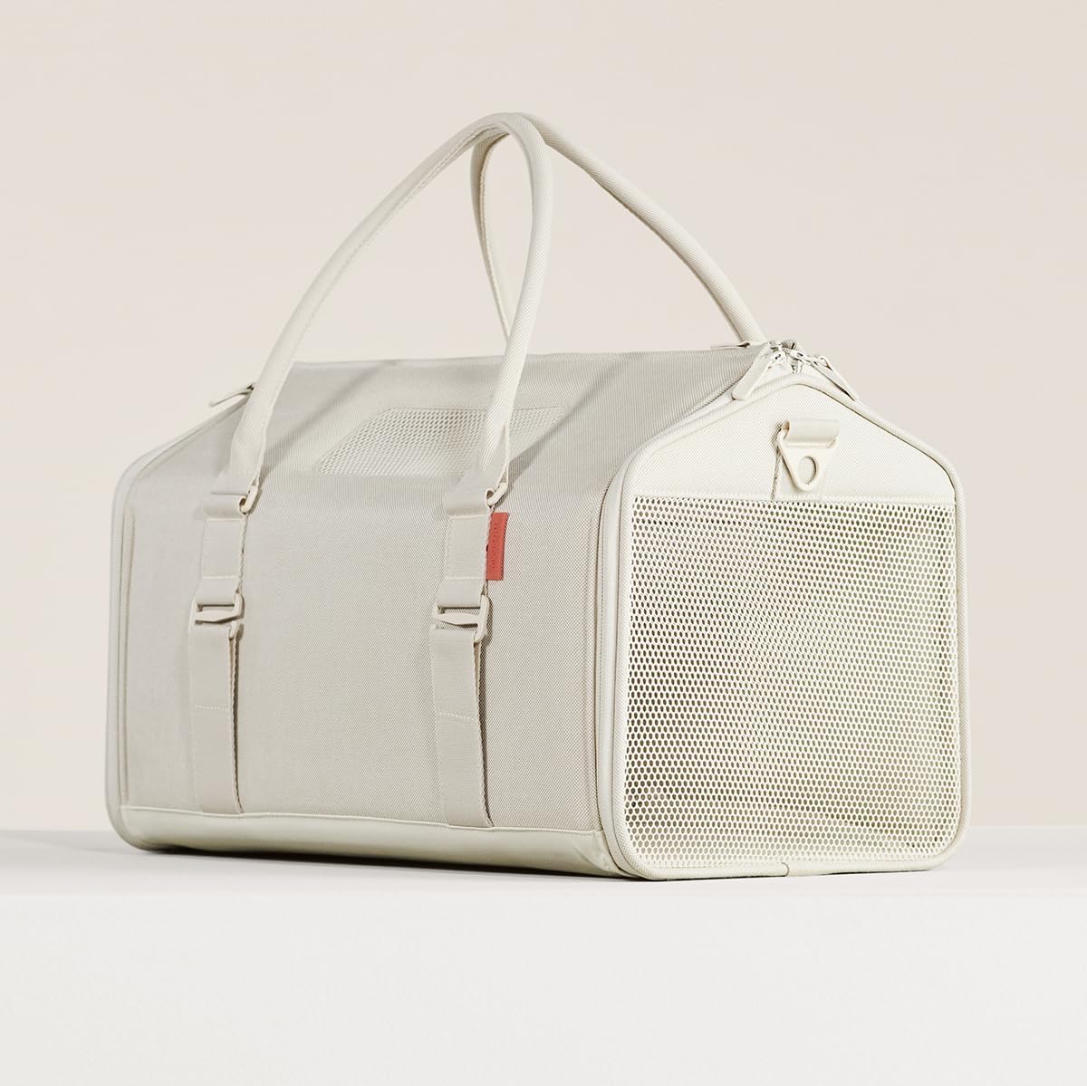 Light sand modern soft-sided cat carrier with shearling interior