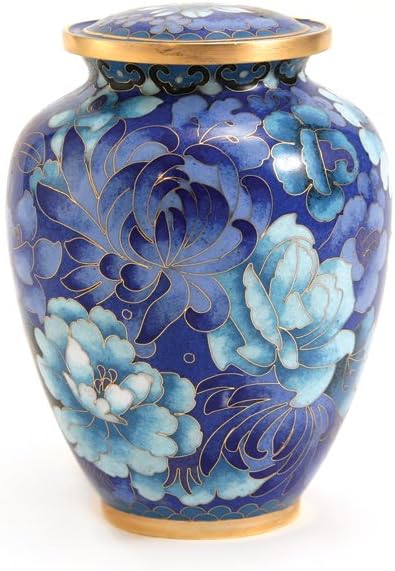 Blue and white floral cloisonne pet cremation urn with lid