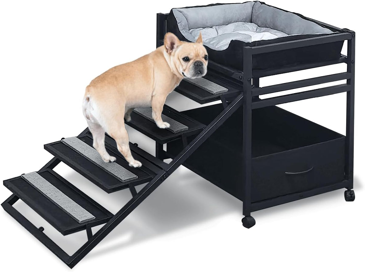 Folding pet stairs with ramp side and storage cabinet beside a bed