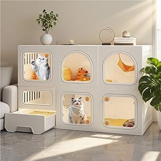 2-Tier Indoor Cat Cage with Litter Box, Resin, Transparent Windows and Knob Locks, 41 x 18 x 28 Inches